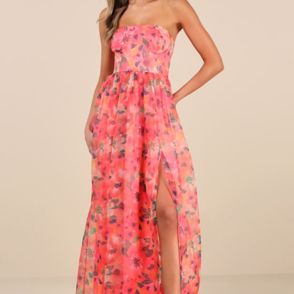 Lulus Wonderful Waltz Coral Floral Print Strapless Bustier Maxi Dress Pink